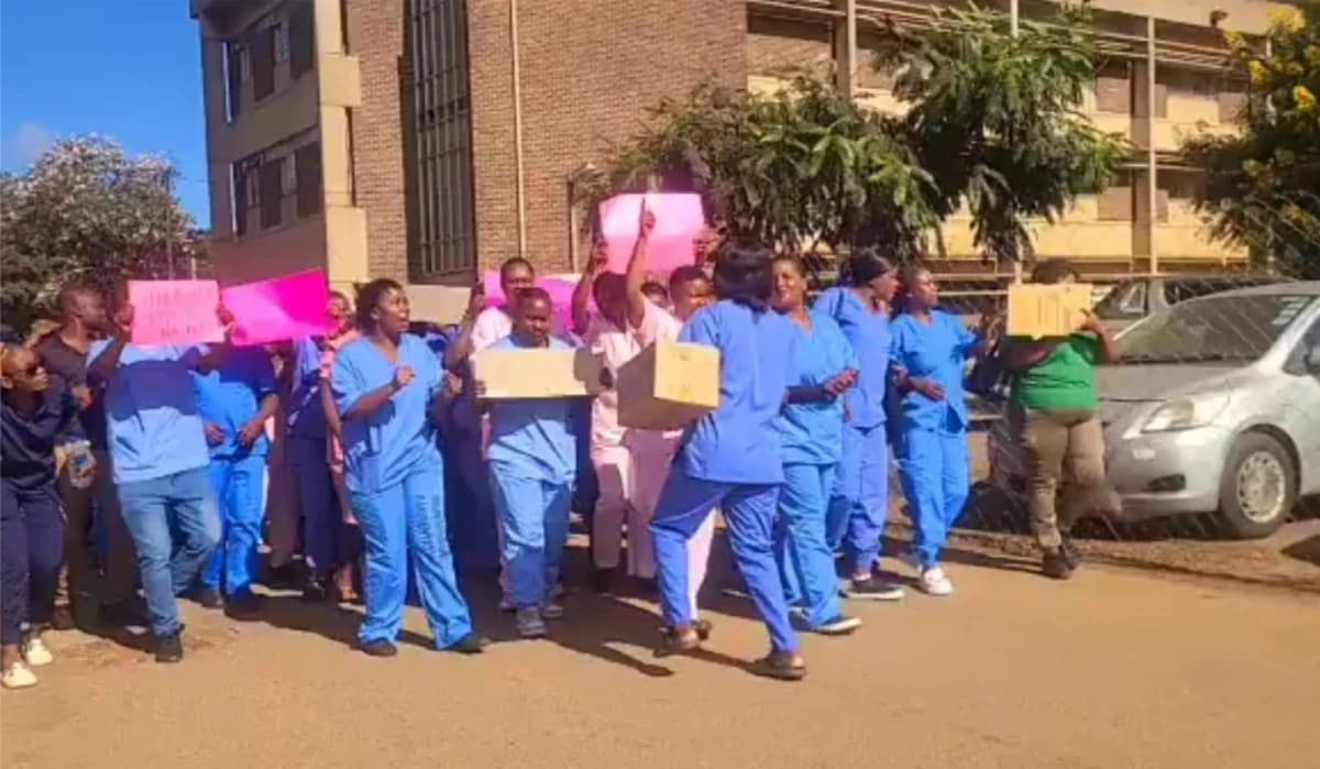 Nurses outside Parirenyatwa Hospital in Harare during a strike over pay, deductions and transport costs after fuel hikes