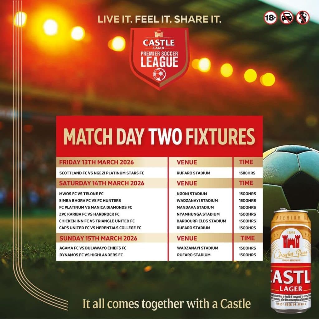 Dynamos and Highlanders players contest the ball during a Castle Lager PSL match